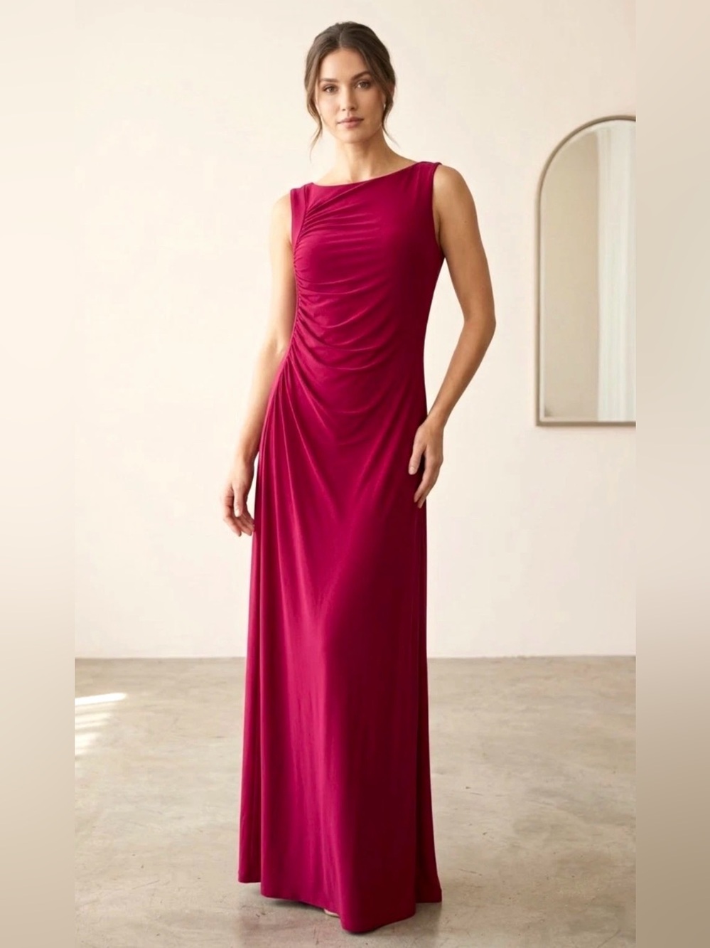 Rachel Zoe Sleeveless Maxi Dress in Wine Red with Asymmetric Ruching